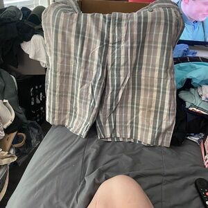 Men's Plaid Cotton Shorts - Gray Blue & Taupe Stripes Obey Brand Size 38